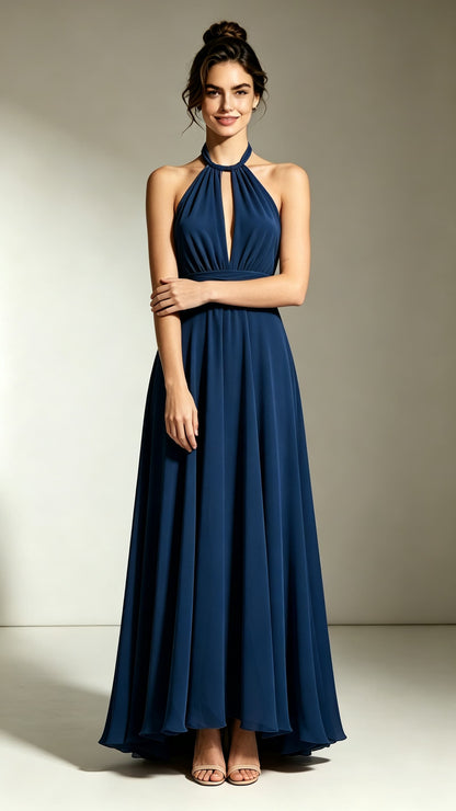 Feminine A-line Navy Blue Bridesmaid Gowns Halter Chiffon Maxi Dress LFNL0741