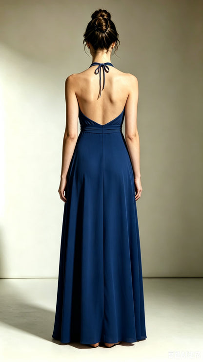 Feminine A-line Navy Blue Bridesmaid Gowns Halter Chiffon Maxi Dress LFNL0741