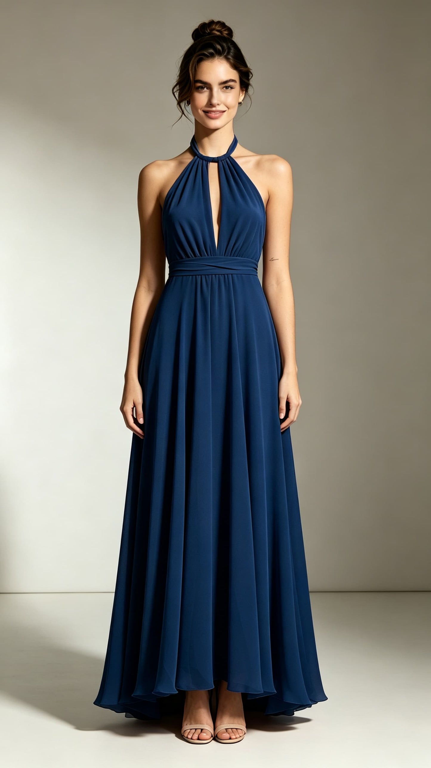 Feminine A-line Navy Blue Bridesmaid Gowns Halter Chiffon Maxi Dress LFNL0741