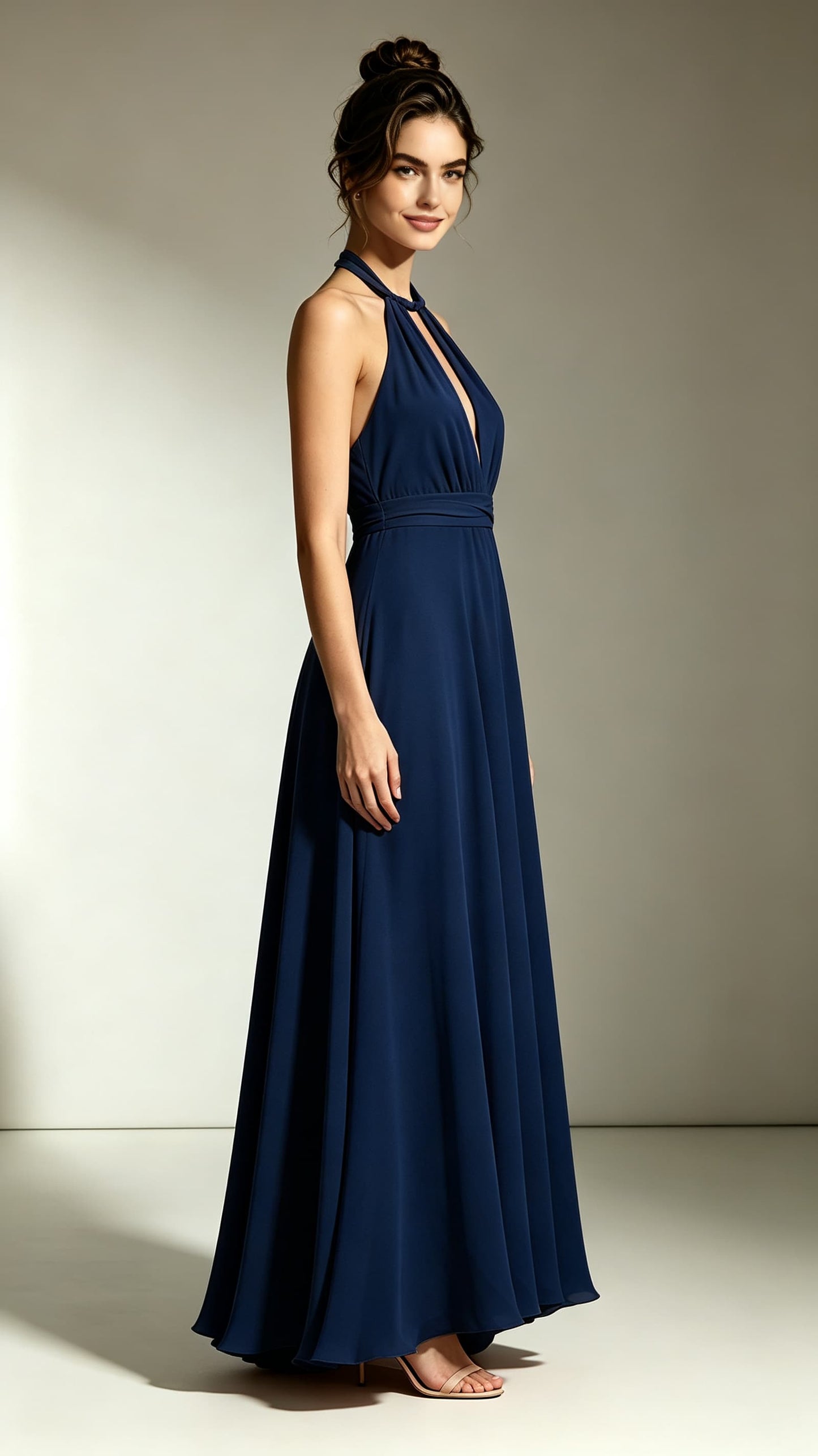 Feminine A-line Navy Blue Bridesmaid Gowns Halter Chiffon Maxi Dress LFNL0741
