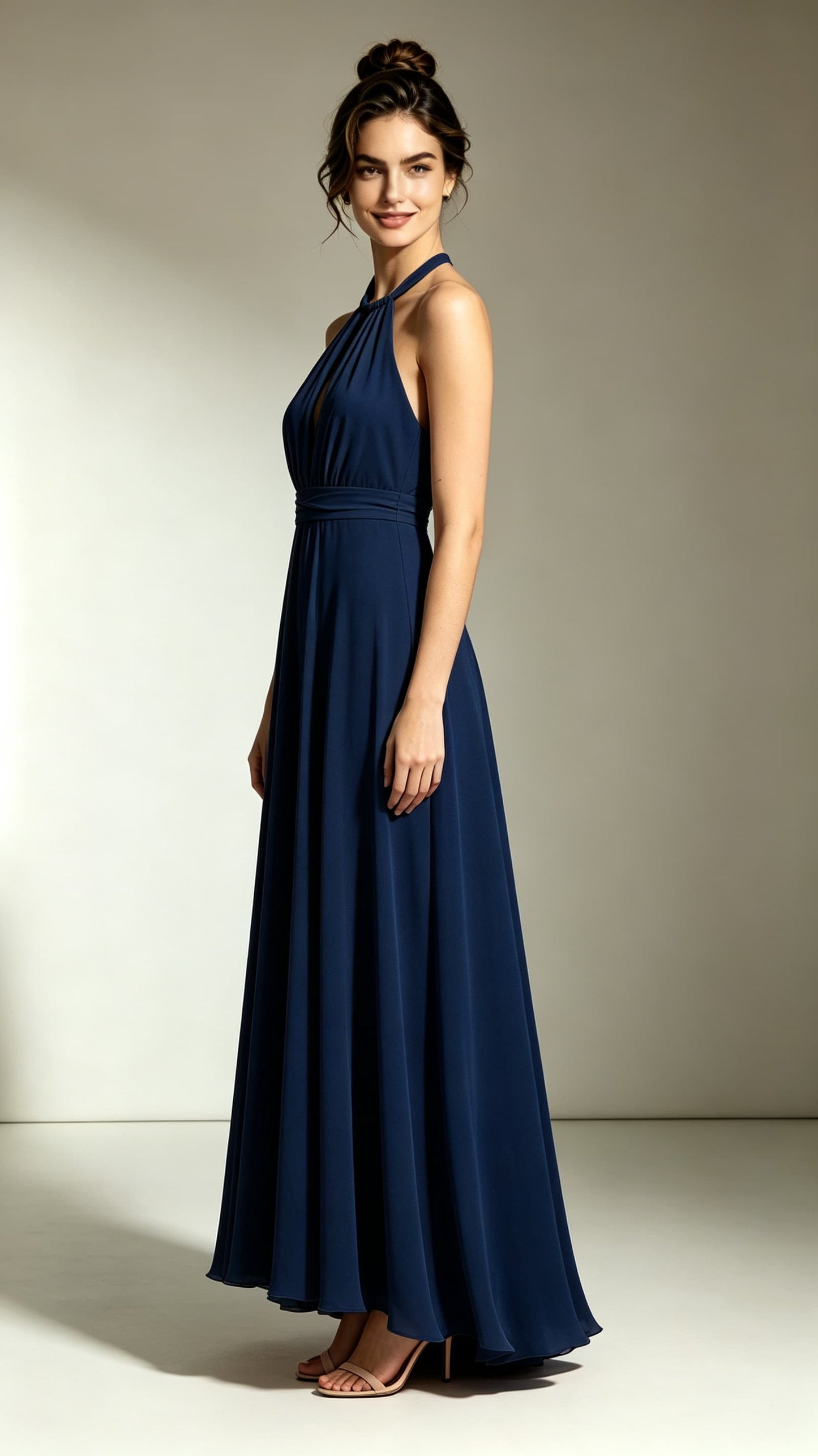 Feminine A-line Navy Blue Bridesmaid Gowns Halter Chiffon Maxi Dress LFNL0741