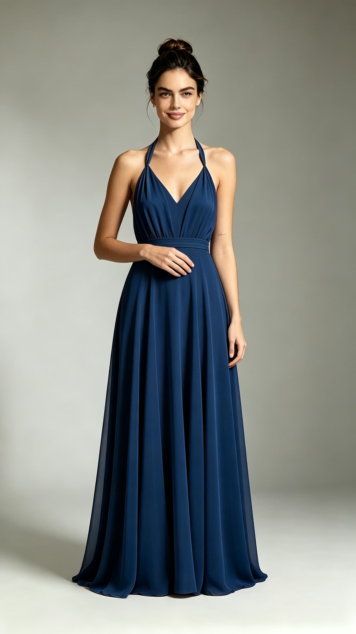 Effortless A-line Navy Blue Bridesmaid Gowns Halter Chiffon Long Prom Gowns LFNL0740