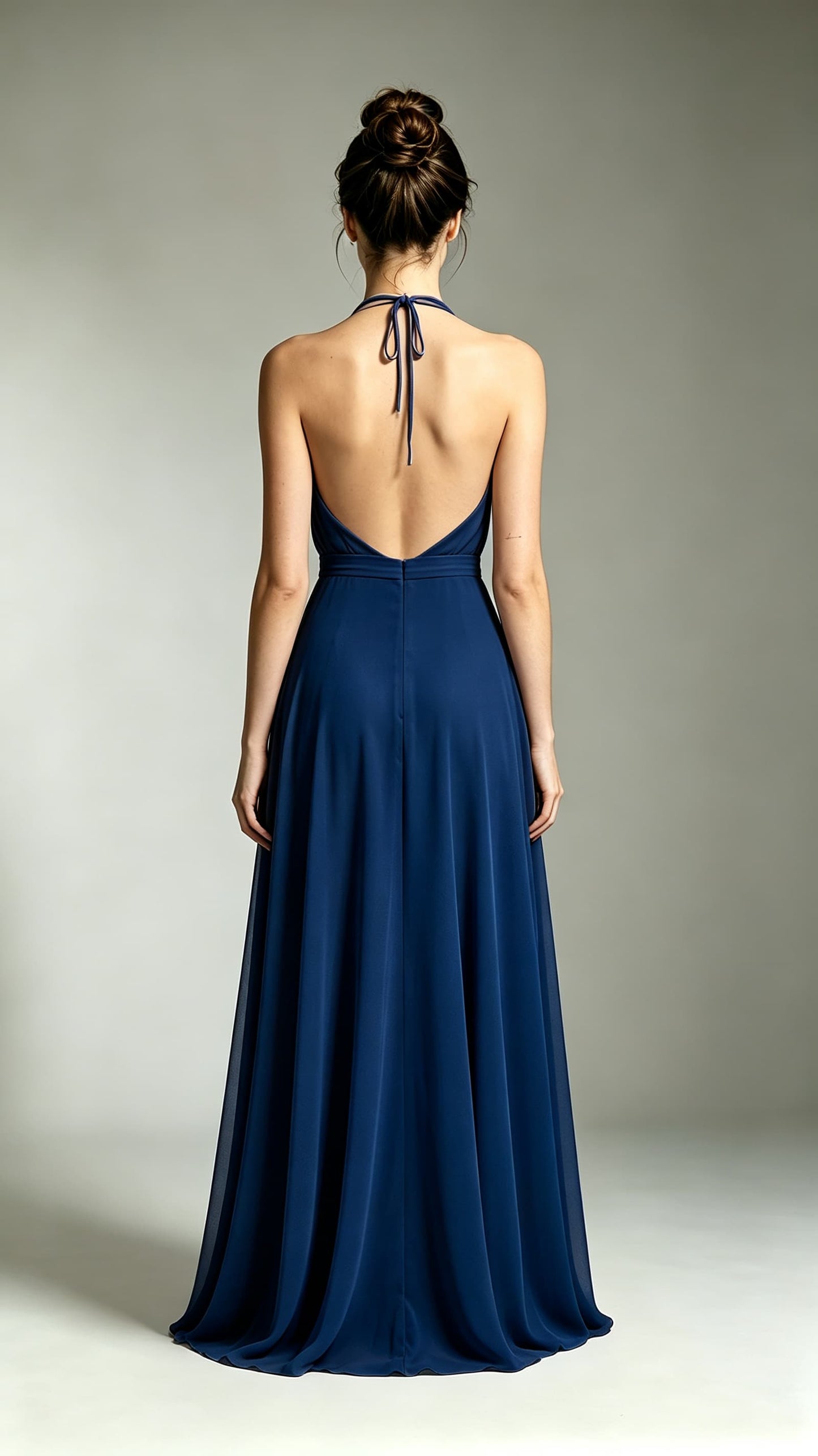 Effortless A-line Navy Blue Bridesmaid Gowns Halter Chiffon Long Prom Gowns LFNL0740