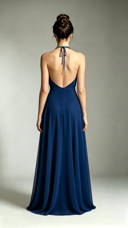 Effortless A-line Navy Blue Bridesmaid Gowns Halter Chiffon Long Prom Gowns LFNL0740