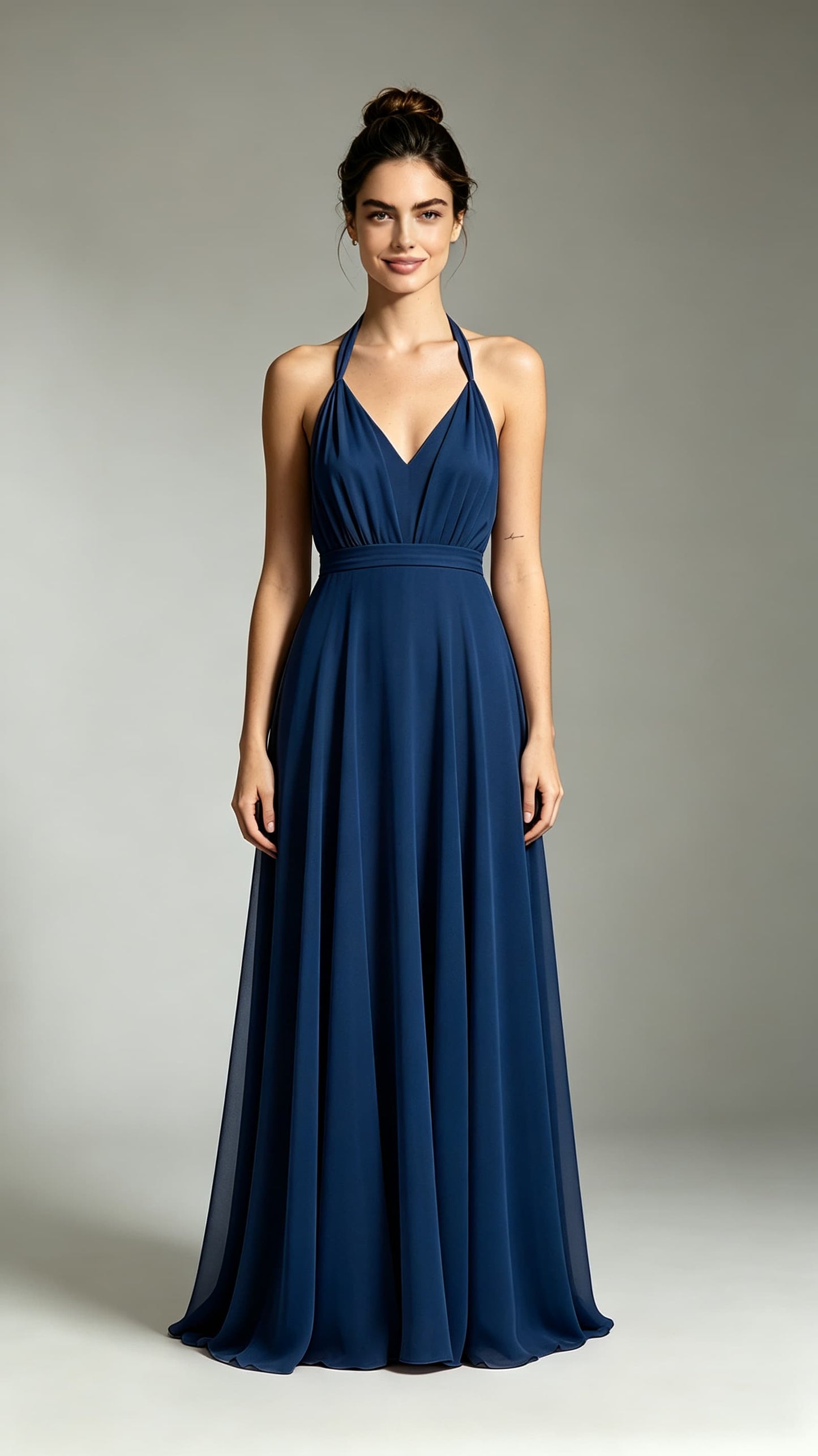 Effortless A-line Navy Blue Bridesmaid Gowns Halter Chiffon Long Prom Gowns LFNL0740