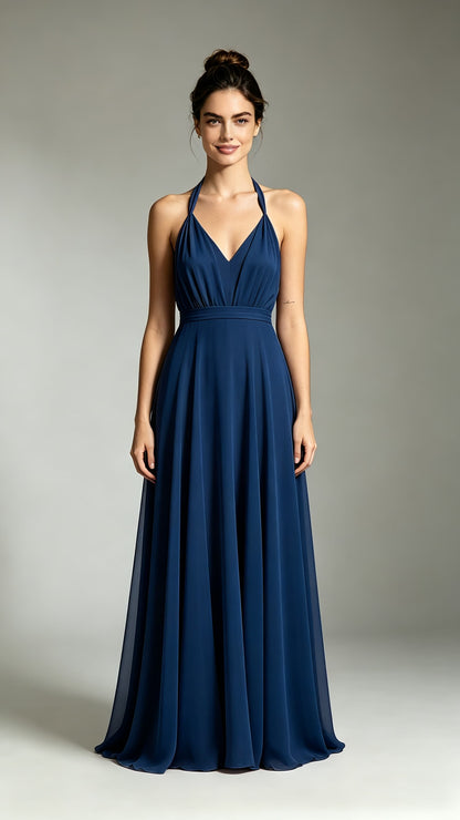 Effortless A-line Navy Blue Bridesmaid Gowns Halter Chiffon Long Prom Gowns LFNL0740