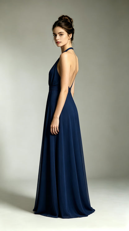 Effortless A-line Navy Blue Bridesmaid Gowns Halter Chiffon Long Prom Gowns LFNL0740