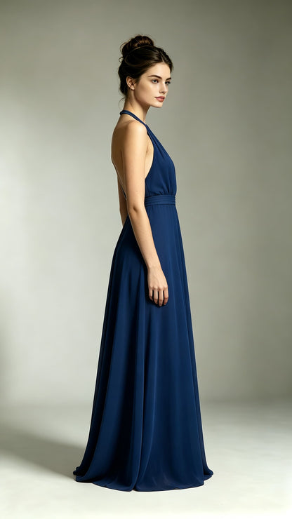 Effortless A-line Navy Blue Bridesmaid Gowns Halter Chiffon Long Prom Gowns LFNL0740