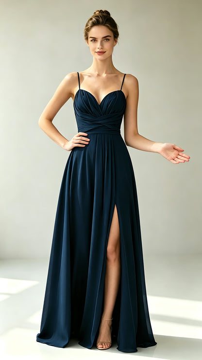 Effortless A-line Navy Blue Evening Gowns UK Straps Chiffon Long Prom Gowns LFNL0814