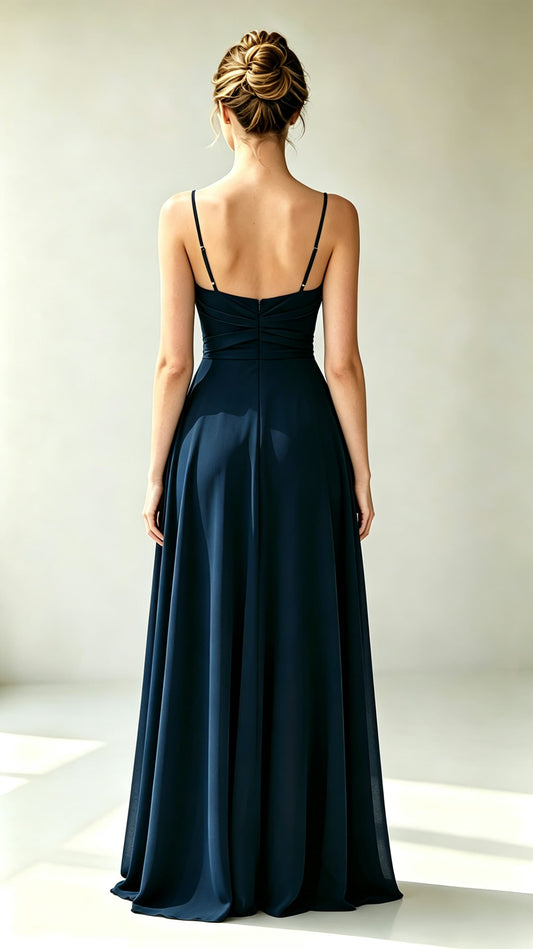 Effortless A-line Navy Blue Evening Gowns UK Straps Chiffon Long Prom Gowns LFNL0814