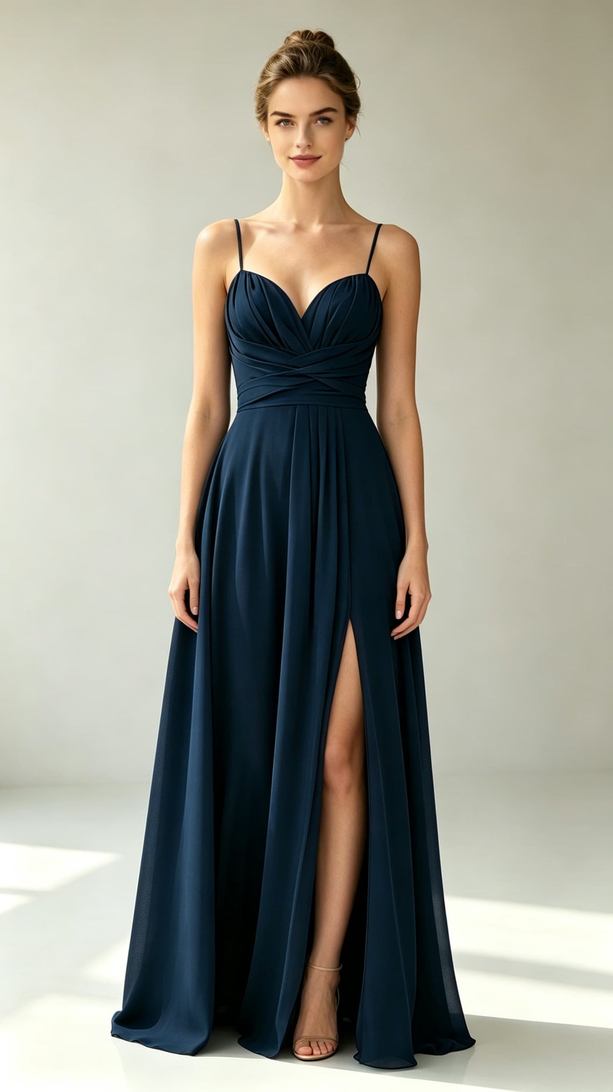 Navy blue A-line chiffon long prom gown, spaghetti straps sweetheart neckline with side slit, formal evening dress for UK wedding and prom events