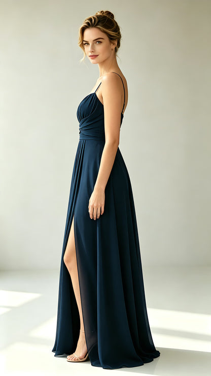 Effortless A-line Navy Blue Evening Gowns UK Straps Chiffon Long Prom Gowns LFNL0814