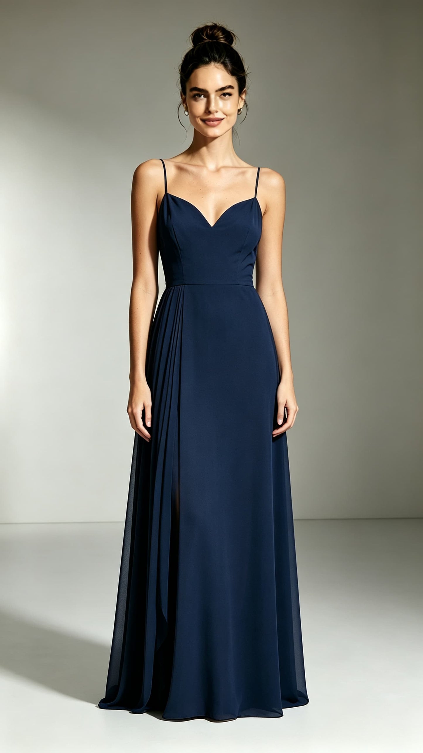 Feminine A-line Navy Blue Evening Gowns Straps Polyester Prom Gowns LFNL0746