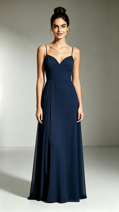 Feminine A-line Navy Blue Evening Gowns Straps Polyester Prom Gowns LFNL0746