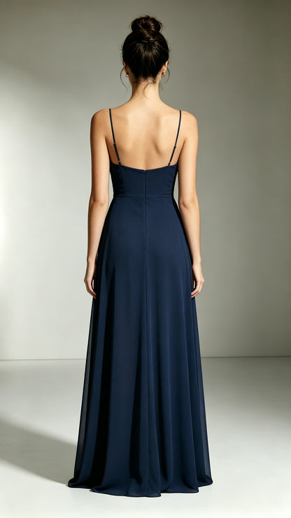 Feminine A-line Navy Blue Evening Gowns Straps Polyester Prom Gowns LFNL0746