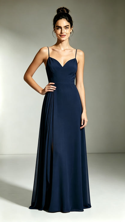 Feminine A-line Navy Blue Evening Gowns Straps Polyester Prom Gowns LFNL0746