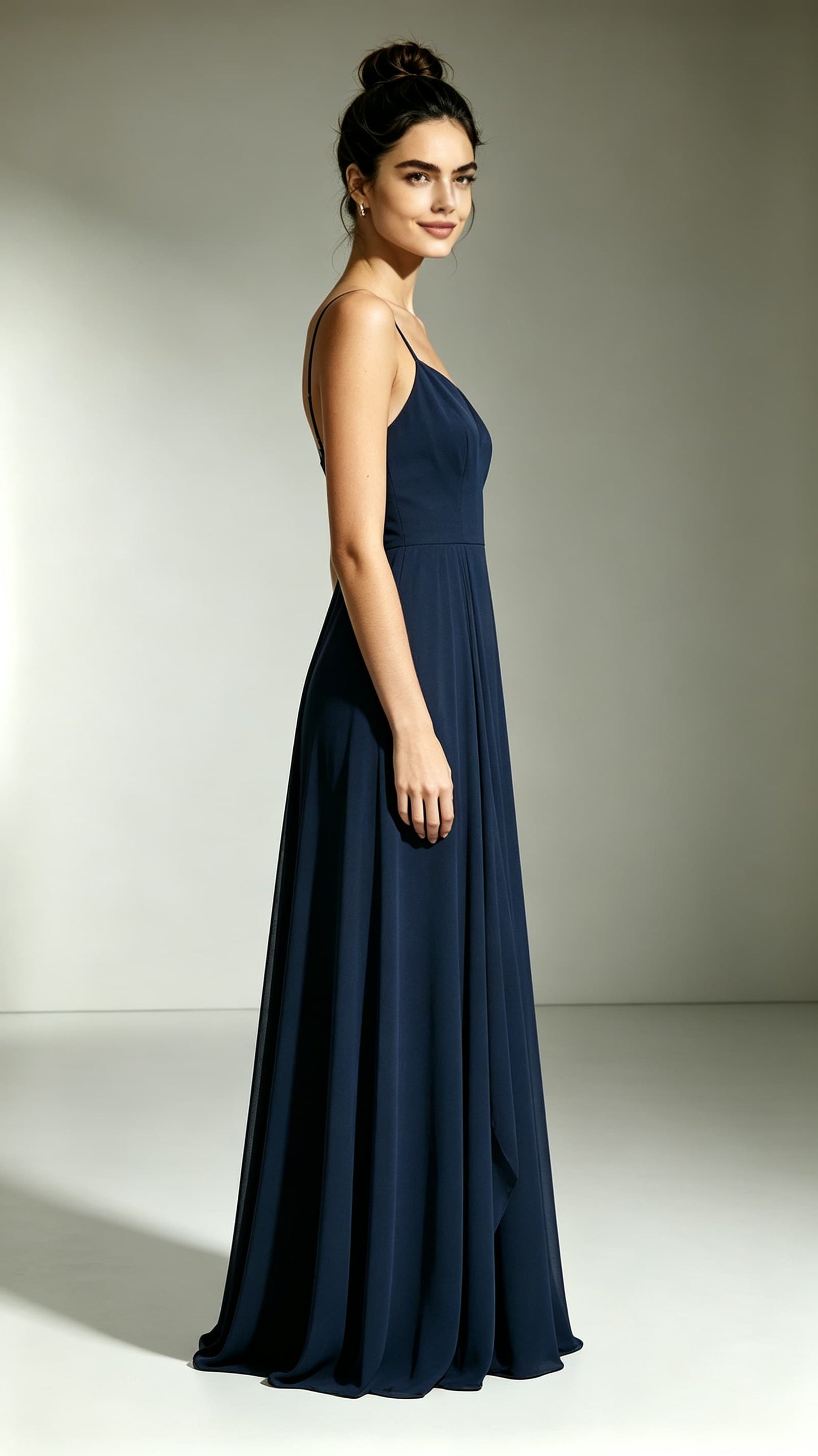 Feminine A-line Navy Blue Evening Gowns Straps Polyester Prom Gowns LFNL0746