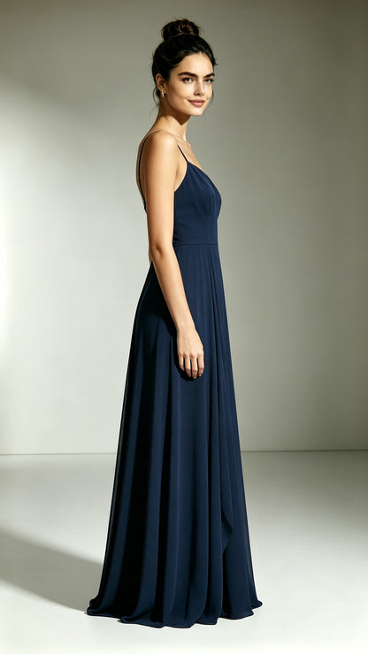 Feminine A-line Navy Blue Evening Gowns Straps Polyester Prom Gowns LFNL0746