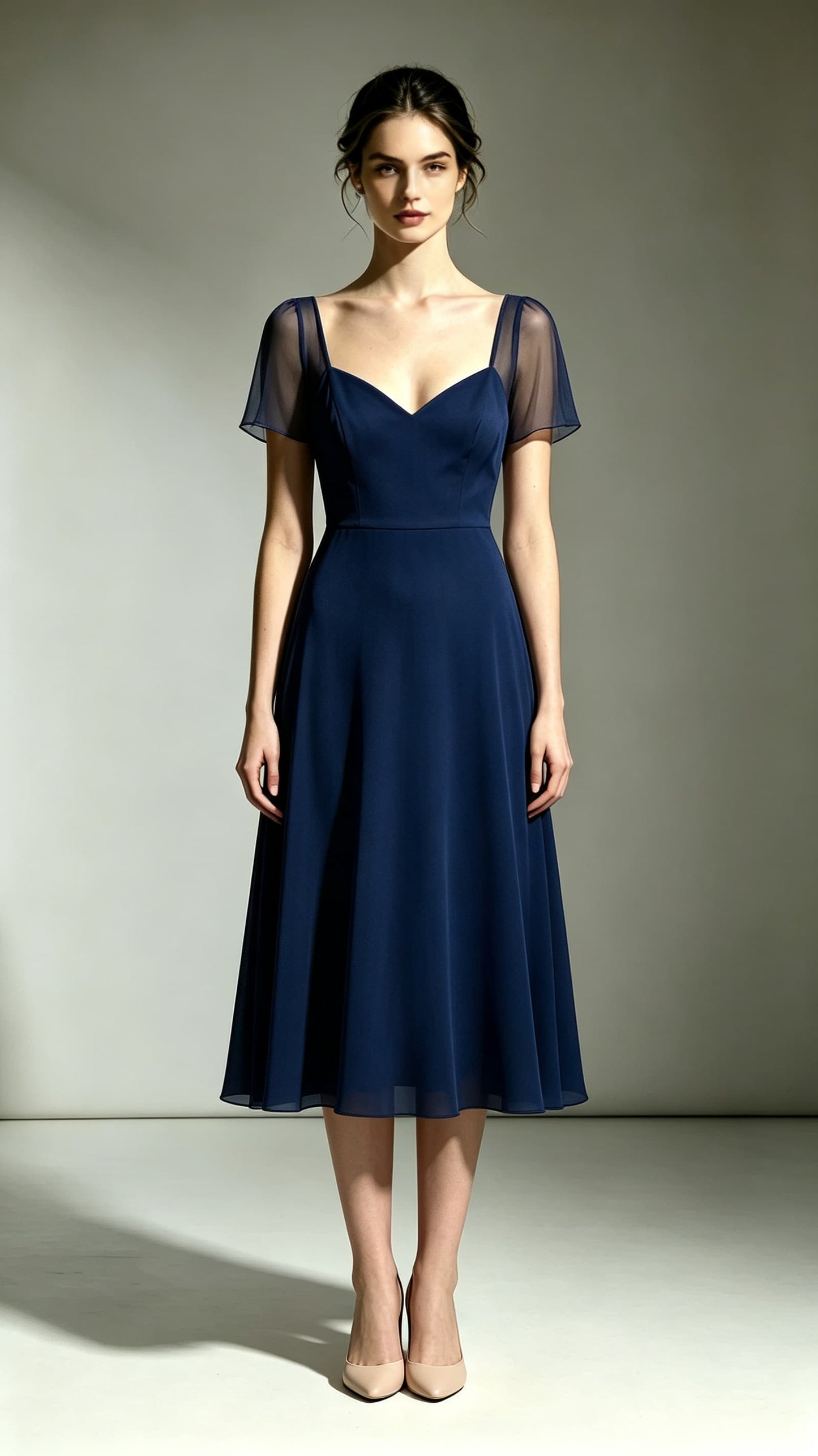 2026 A-line Navy Blue Bridesmaid Gowns V Neck Polyester Maxi Dress LFNL0742