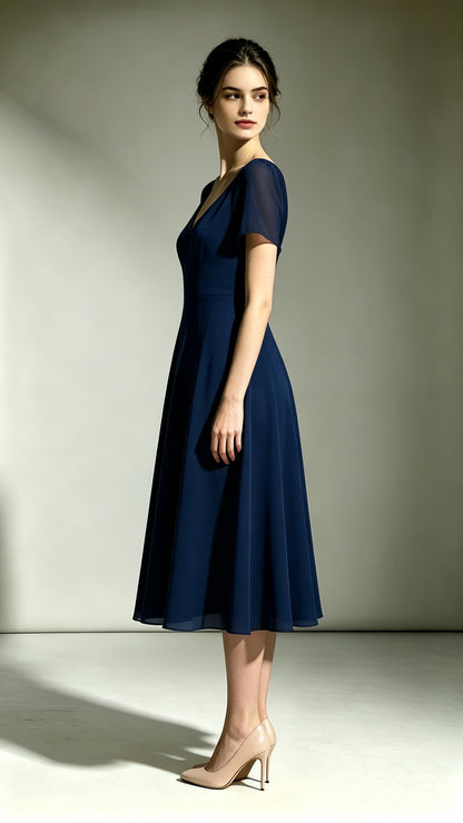 2026 A-line Navy Blue Bridesmaid Gowns V Neck Polyester Maxi Dress LFNL0742