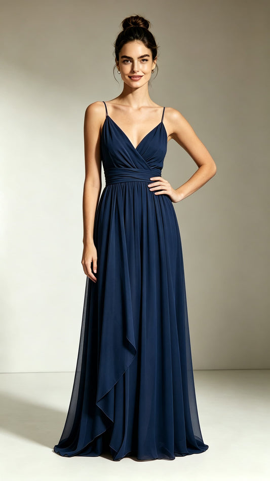 Polished A-line Navy Blue Bridesmaid Gowns Straps Chiffon Long Prom Gowns LFNL0739