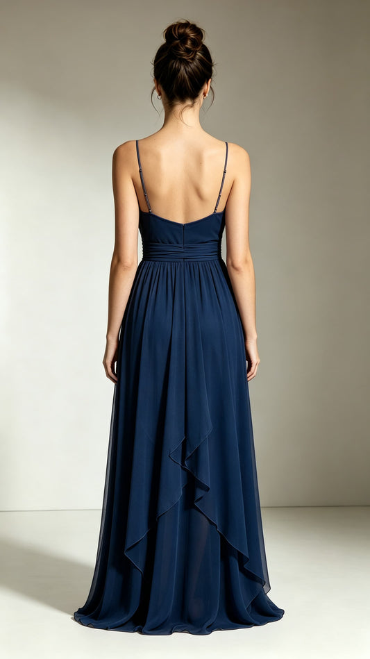 Polished A-line Navy Blue Bridesmaid Gowns Straps Chiffon Long Prom Gowns LFNL0739