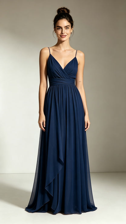 Polished A-line Navy Blue Bridesmaid Gowns Straps Chiffon Long Prom Gowns LFNL0739