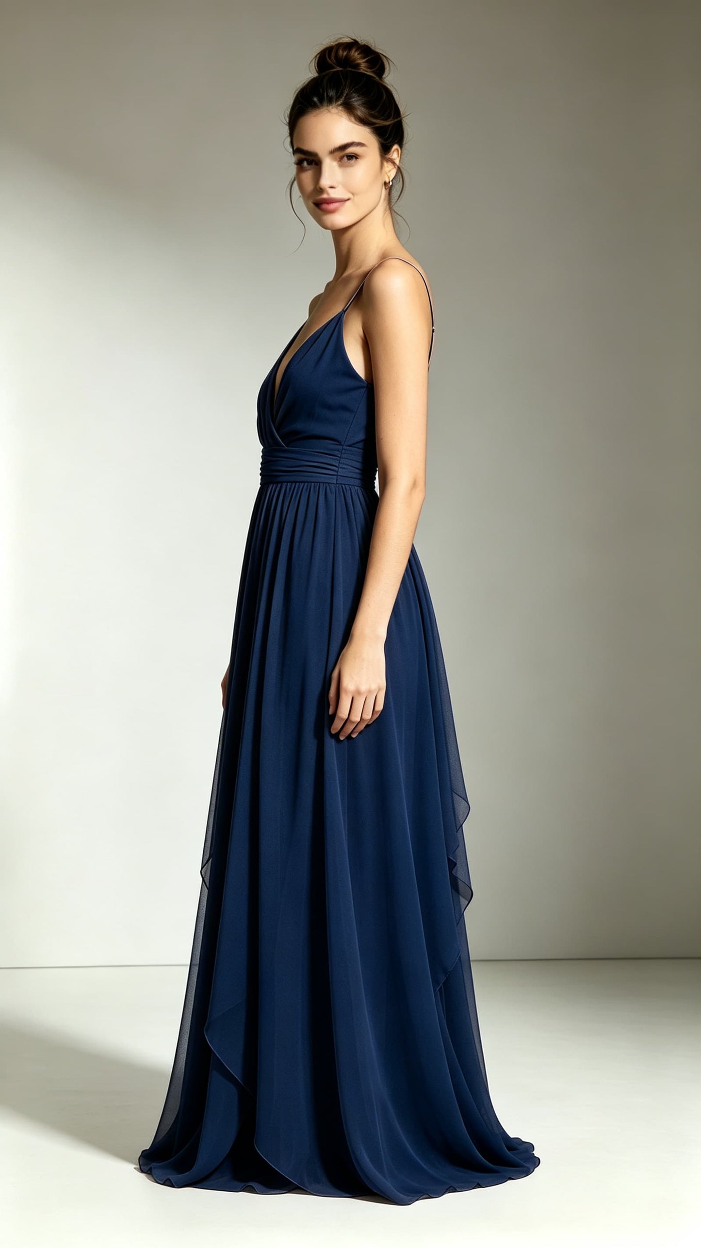 Polished A-line Navy Blue Bridesmaid Gowns Straps Chiffon Long Prom Gowns LFNL0739
