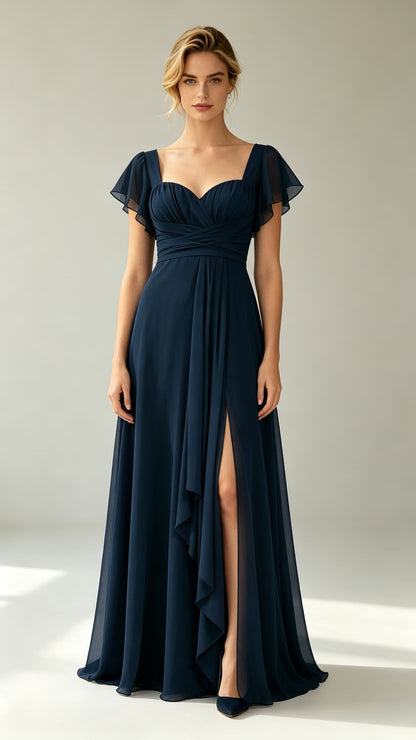 2026 A-line Navy Blue Bridesmaid Gowns UK Sweetheart Chiffon Long Prom Gowns LFNL0816