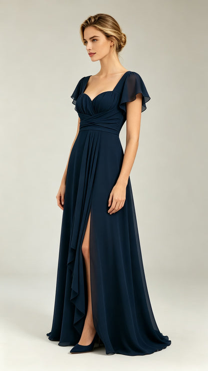 2026 A-line Navy Blue Bridesmaid Gowns UK Sweetheart Chiffon Long Prom Gowns LFNL0816