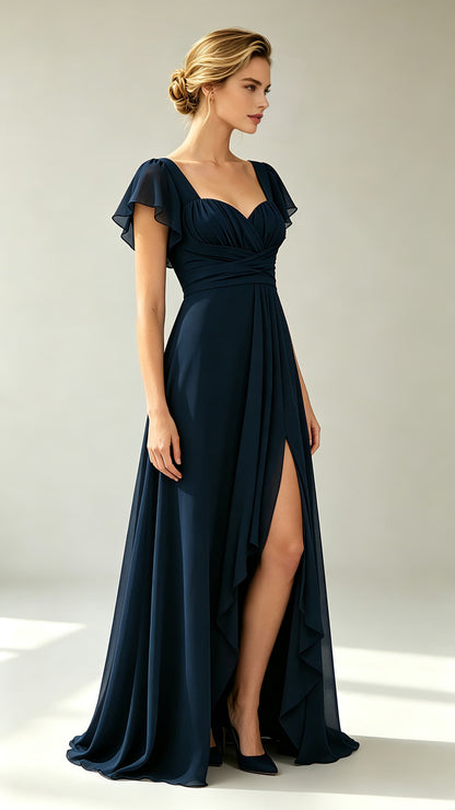 2026 A-line Navy Blue Bridesmaid Gowns UK Sweetheart Chiffon Long Prom Gowns LFNL0816