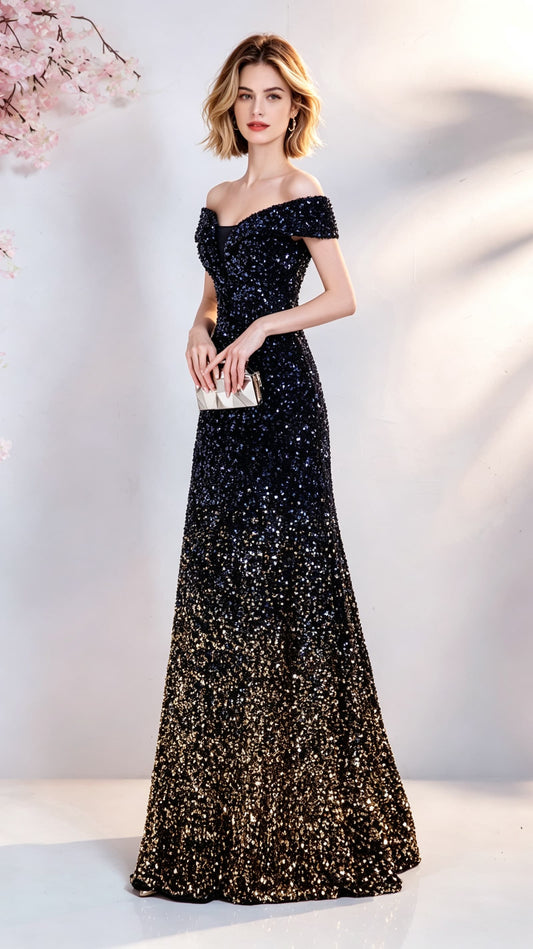 Sleek Mermaid Black Evening Dress Off Shoulder Tulle Long Formal Dress LFNC0418