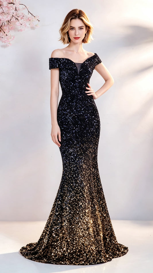 Sleek Mermaid Black Evening Dress Off Shoulder Tulle Long Formal Dress LFNC0418
