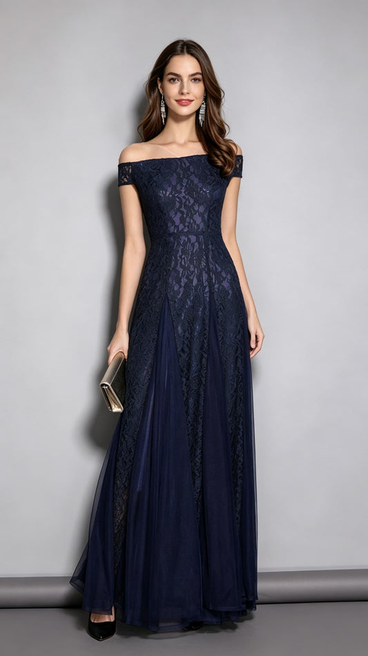 Flowy A-line Navy Blue Evening Dress Off Shoulder Chiffon Long Formal Dress LFNC0117