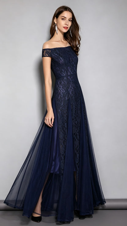Flowy A-line Navy Blue Evening Dress Off Shoulder Chiffon Long Formal Dress LFNC0117