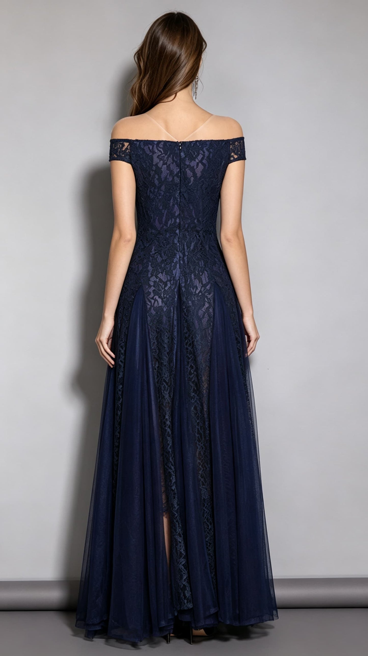 Flowy A-line Navy Blue Evening Dress Off Shoulder Chiffon Long Formal Dress LFNC0117