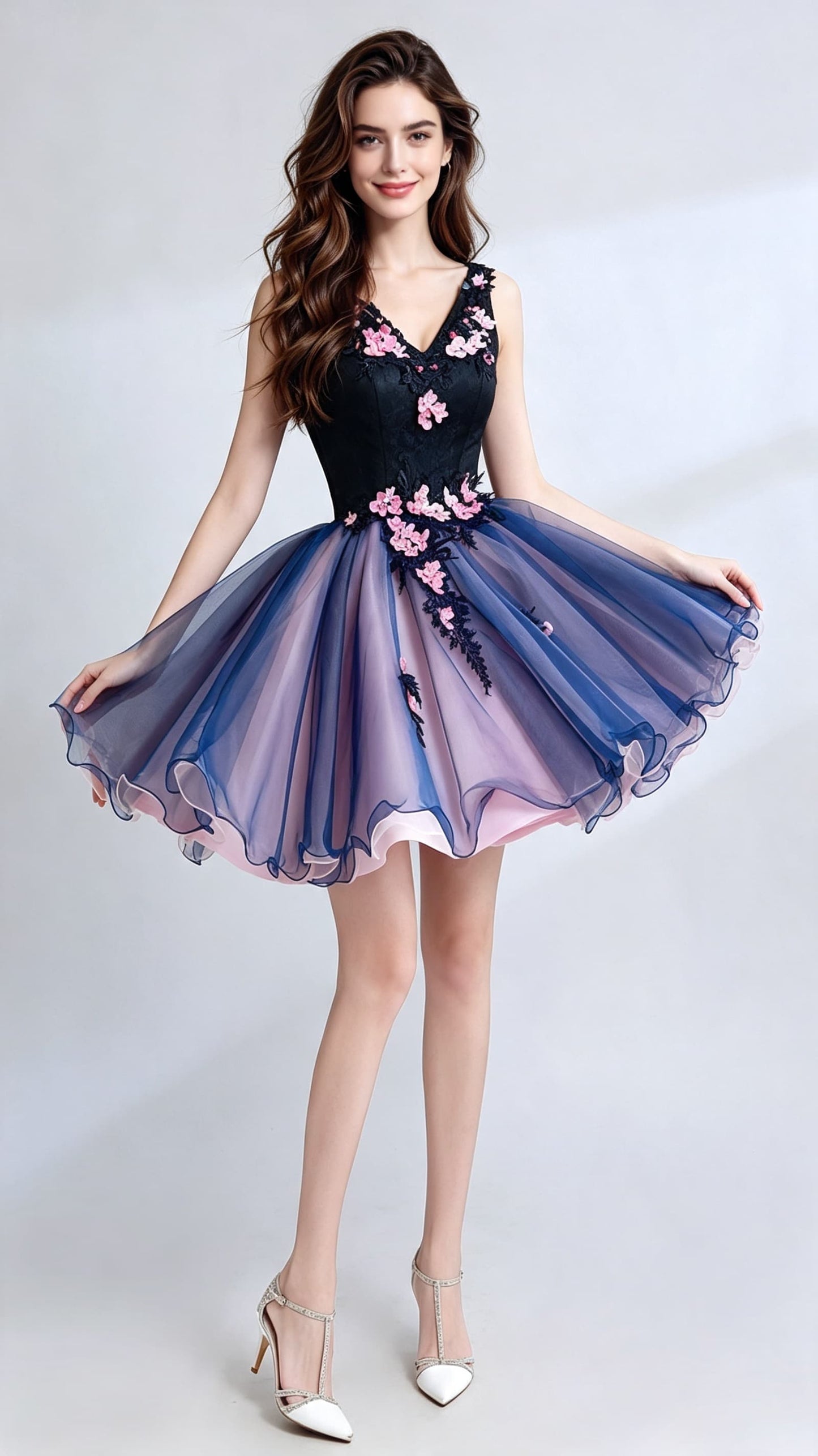 Gorgeous A-line Blue Evening Dress V Neck Organza Short Formal Dress LFNC0160