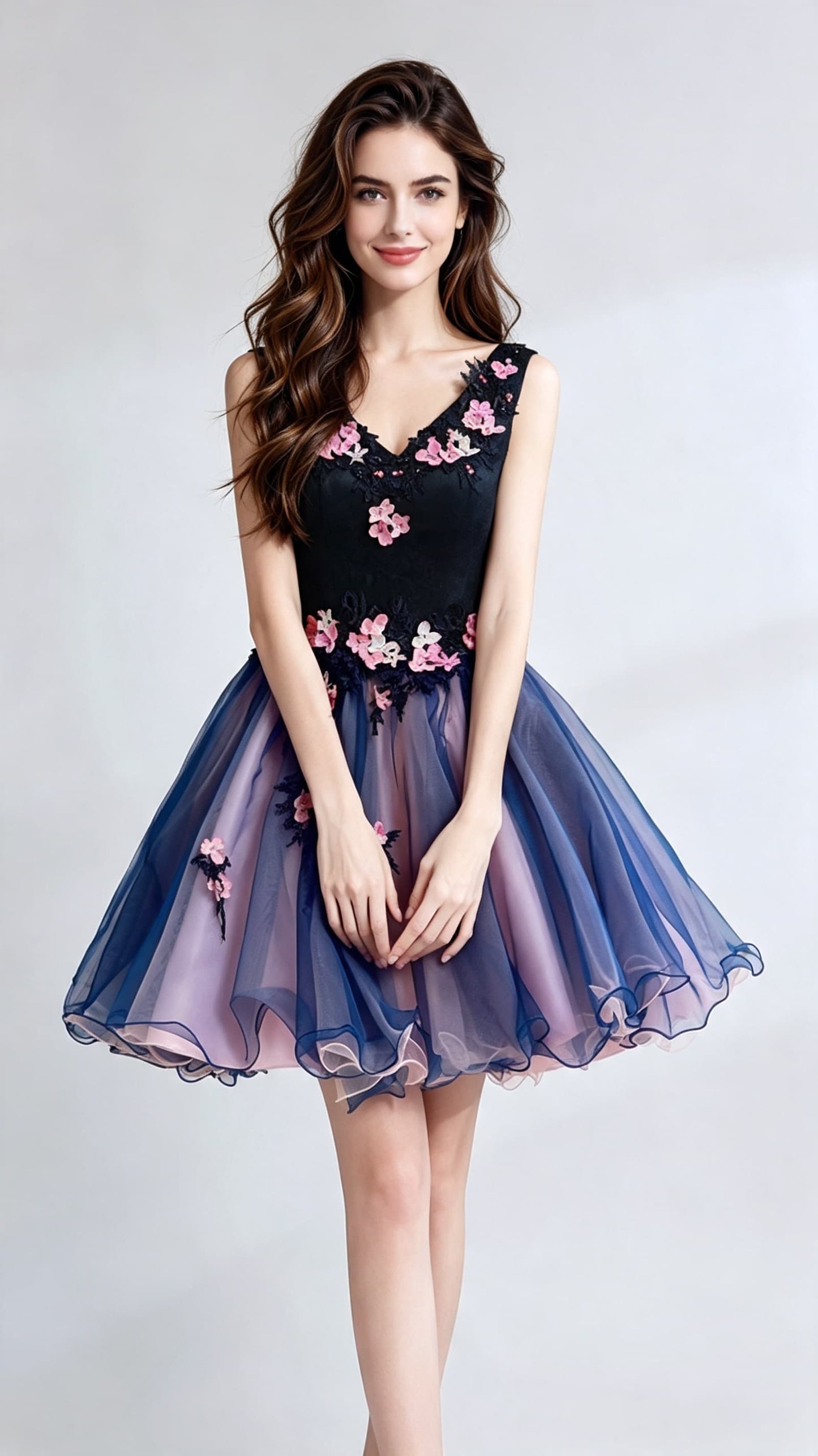 Gorgeous A-line Blue Evening Dress V Neck Organza Short Formal Dress LFNC0160