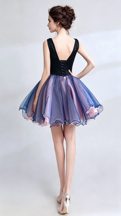 Gorgeous A-line Blue Evening Dress V Neck Organza Short Formal Dress LFNC0160