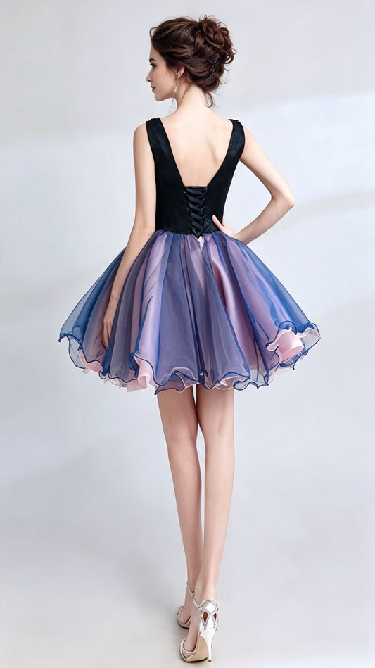 Gorgeous A-line Blue Evening Dress V Neck Organza Short Formal Dress LFNC0160