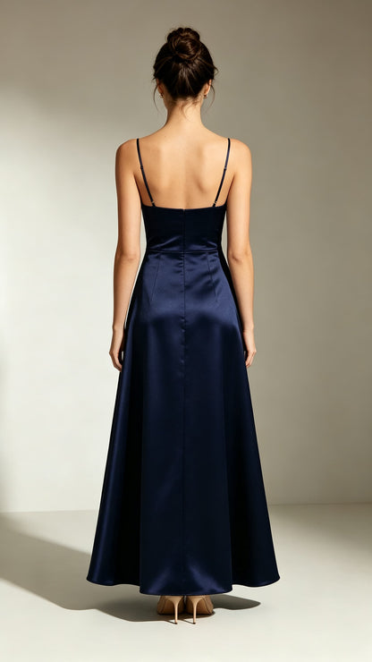 Dreamy A-line Navy Blue Evening Gowns Straps Satin Prom Gowns LFNL0745