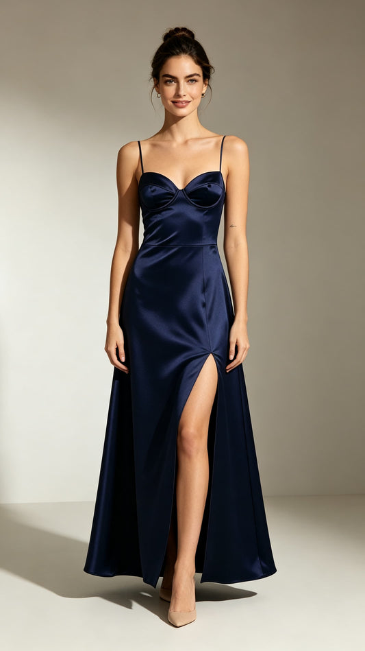 Dreamy A-line Navy Blue Evening Gowns Straps Satin Prom Gowns LFNL0745