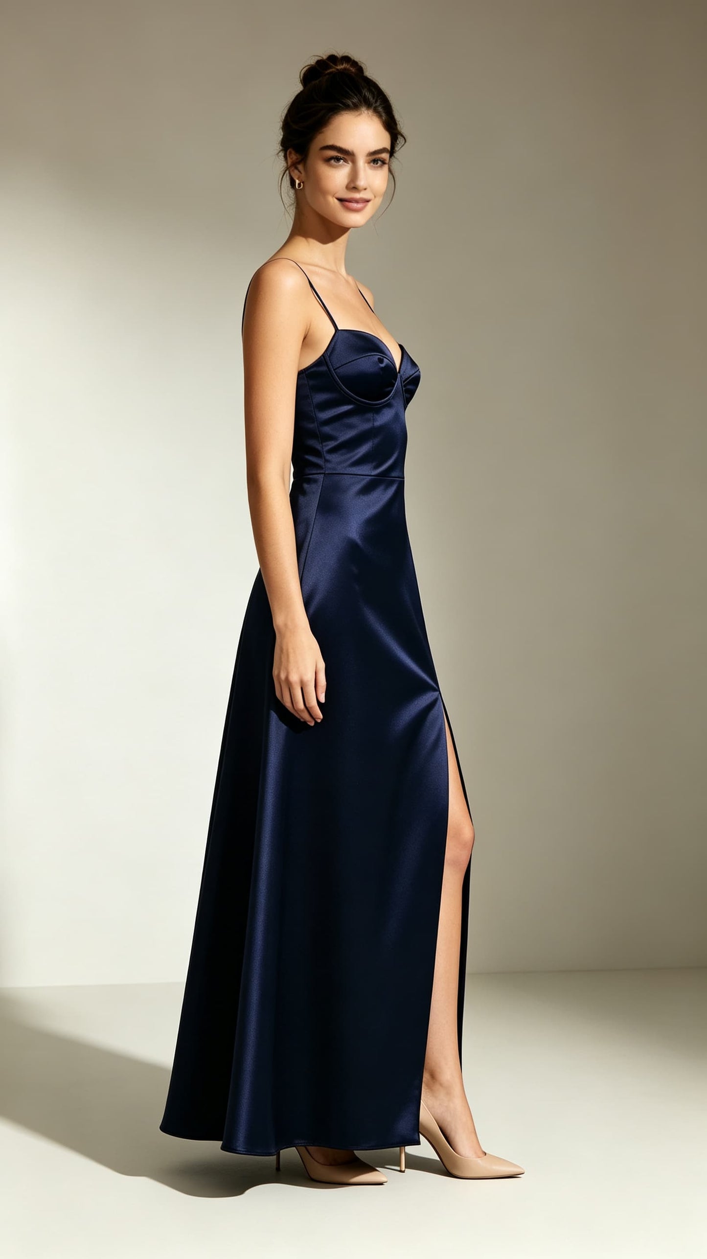 Dreamy A-line Navy Blue Evening Gowns Straps Satin Prom Gowns LFNL0745