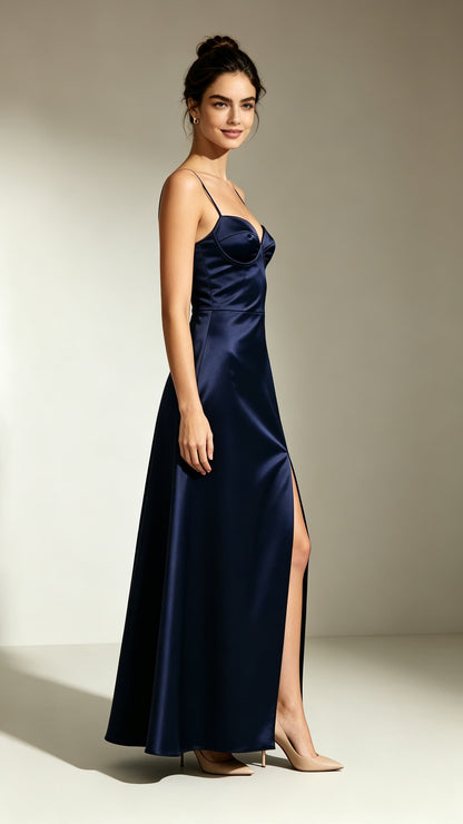 Dreamy A-line Navy Blue Evening Gowns Straps Satin Prom Gowns LFNL0745