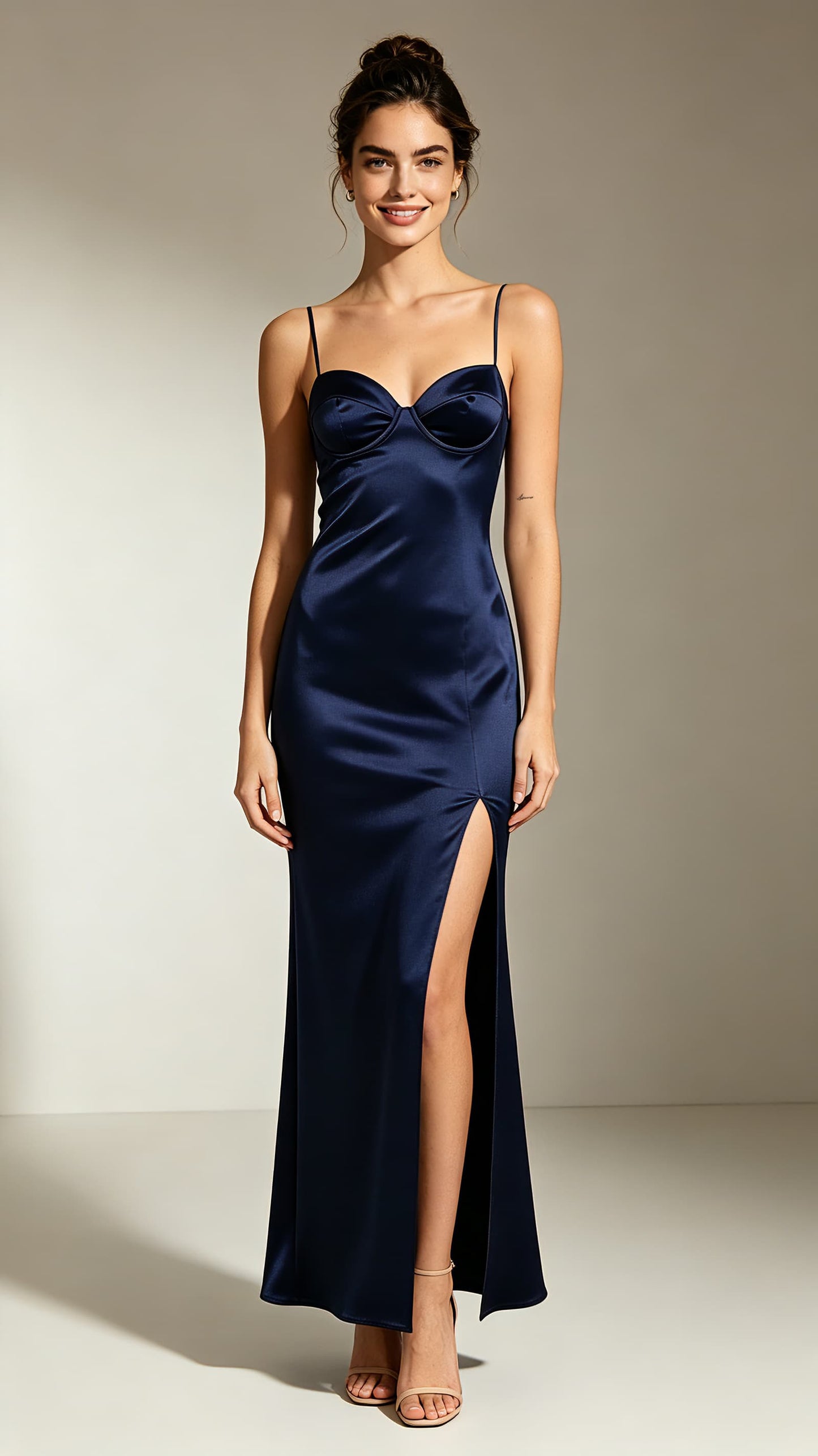 Simple Mermaid Navy Blue Evening Gowns Straps Satin Maxi Dress