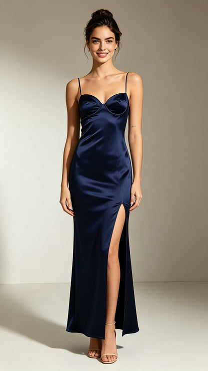 Simple Mermaid Navy Blue Evening Gowns Straps Satin Maxi Dress