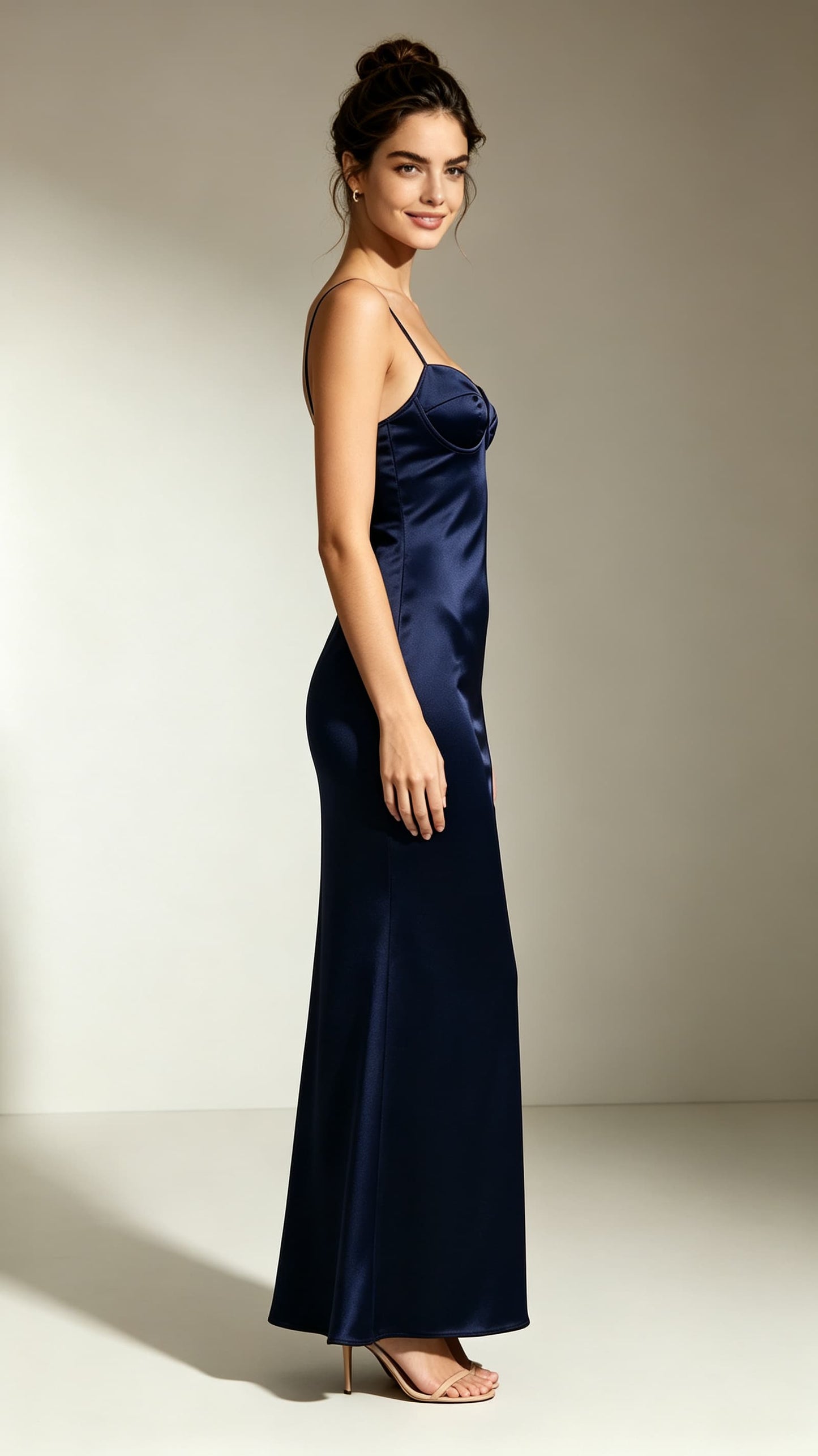 Simple Mermaid Navy Blue Evening Gowns Straps Satin Maxi Dress