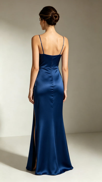 Romantic Mermaid Navy Blue Evening Gowns Straps Satin Maxi Dress LFNL0733