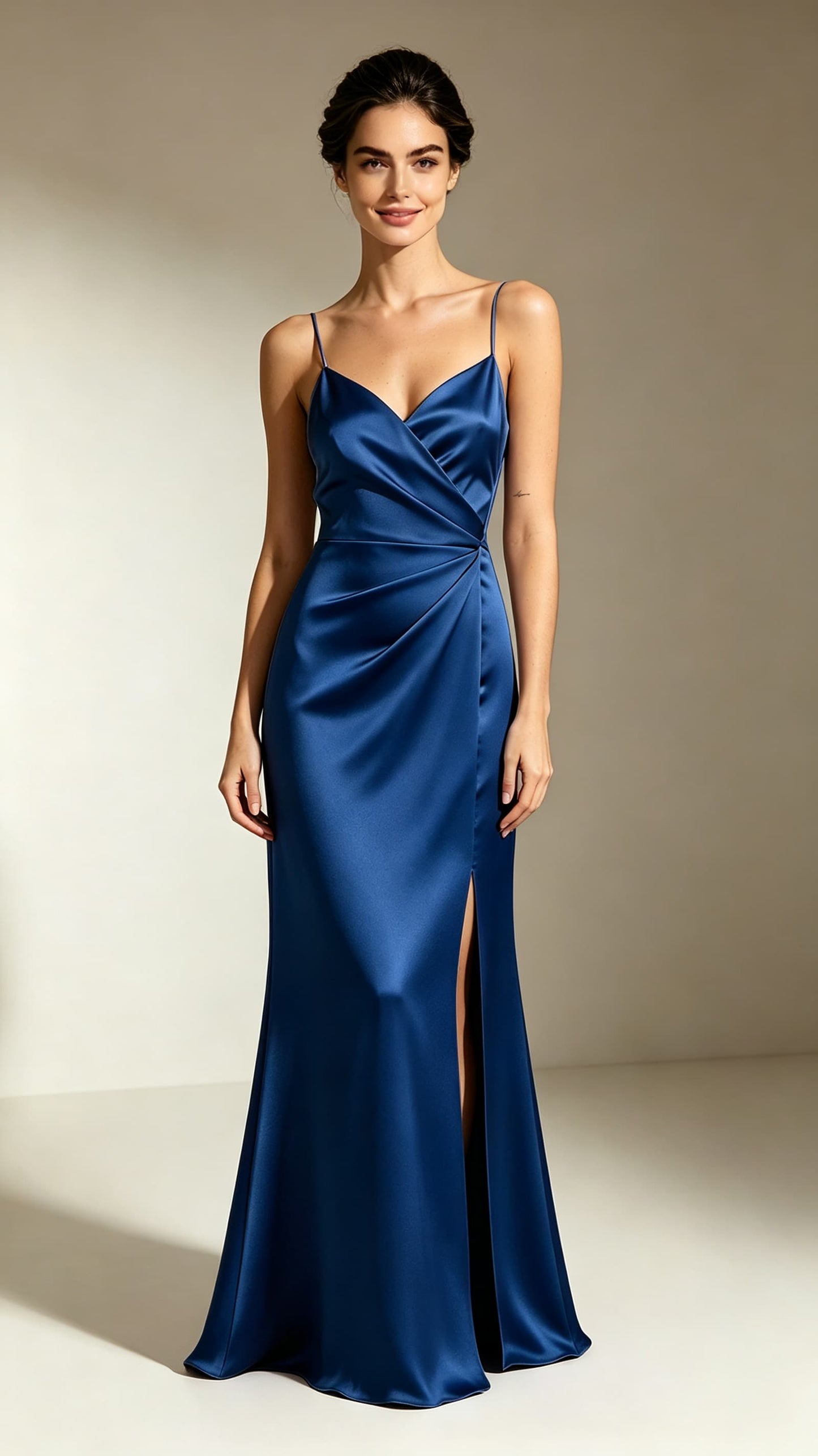 Romantic Mermaid Navy Blue Evening Gowns Straps Satin Maxi Dress LFNL0733