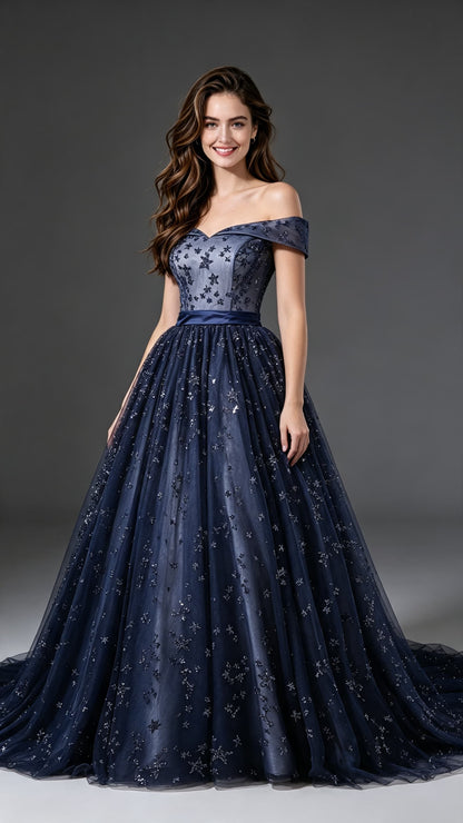 Elegant A-line Blue Evening Gowns Off the Shoulder Tulle Long Formal Dress LFNL0621